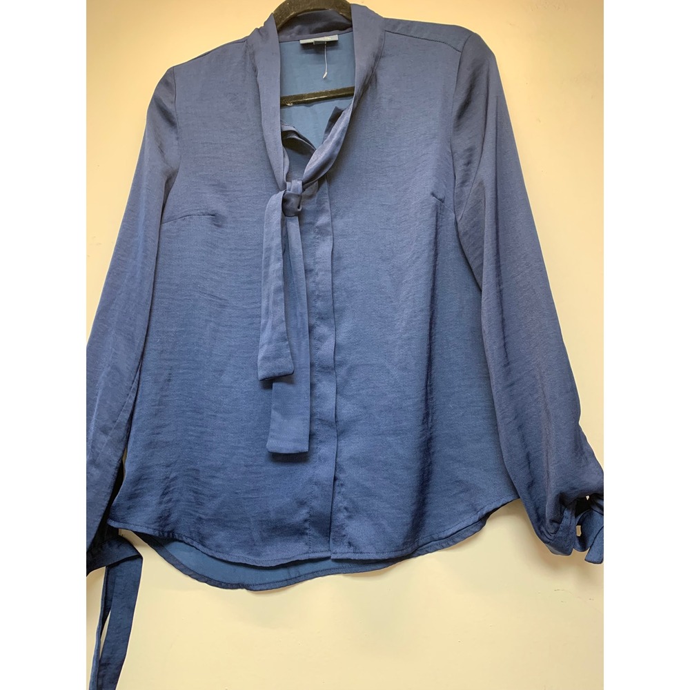 ModCloth Blouse Women Medium Navy Blue Excellent Tie Neck Knotted Cuff Silky Top